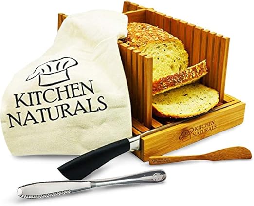 Amazon Com Premium Foldable Bread Slicer And Stainless Steel Butter Spreader Knife 3 In 1 Gadget Butter Knife And Bread Slicing Guide Bread Loaf Slicer Bonus Bamboo Butter Spreader Storage Bag