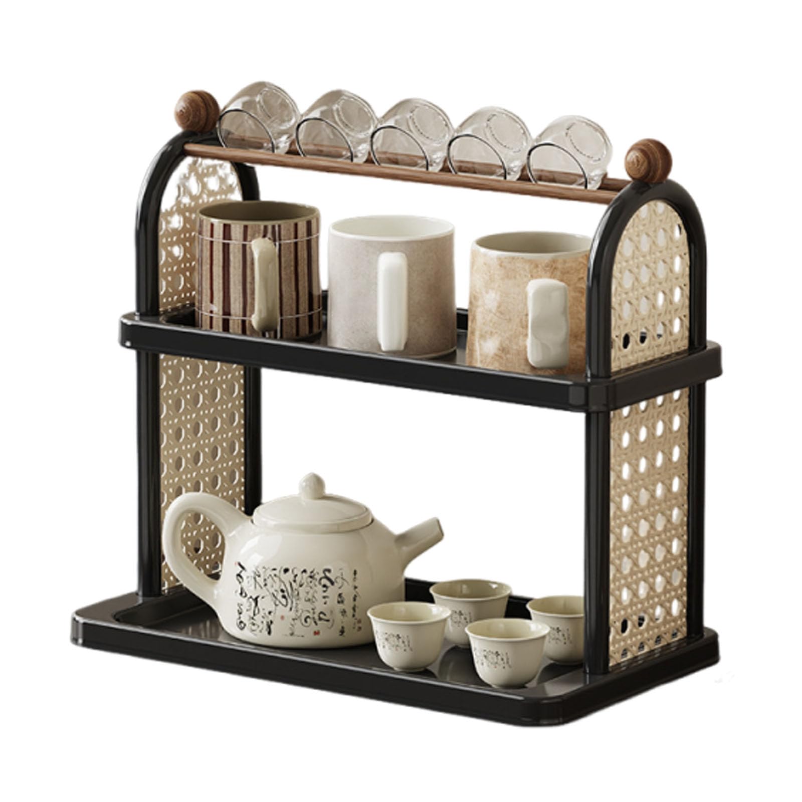 ZBELLO Coffee Mug Holder Shelf, mug holder，Cup Storage Rack,Spice Rack Multi-Purpose Shelf,Imitation Rattan Style Cup，for kitchens, bathrooms, offices and homes (black,Double-layer)