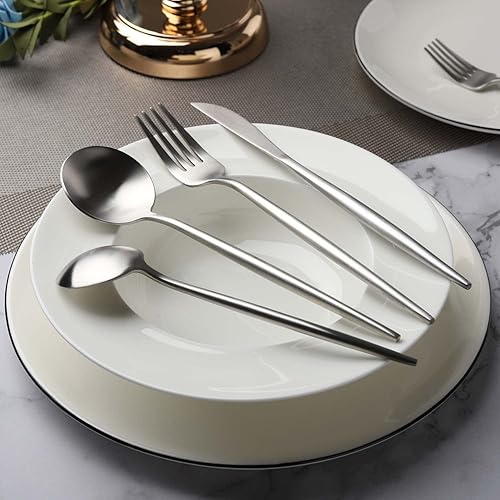 Miniatura 6 de Juego de 20 cubiertos de acero inoxidable resistente para 4 cubiertos de plata mate, incluye cuchillos, tenedores, cucharas para cocina, hogar,