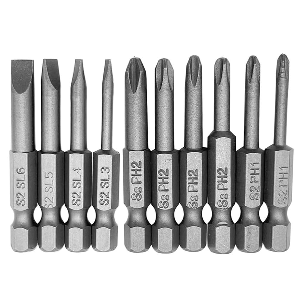 Teocpai 10Pcs 50mm Magnetic Screwdriver Bit Sets Phillips and Slotted Screwdriver Bit 1/4 Inch Hex Shank Drill Bit S2 Steel