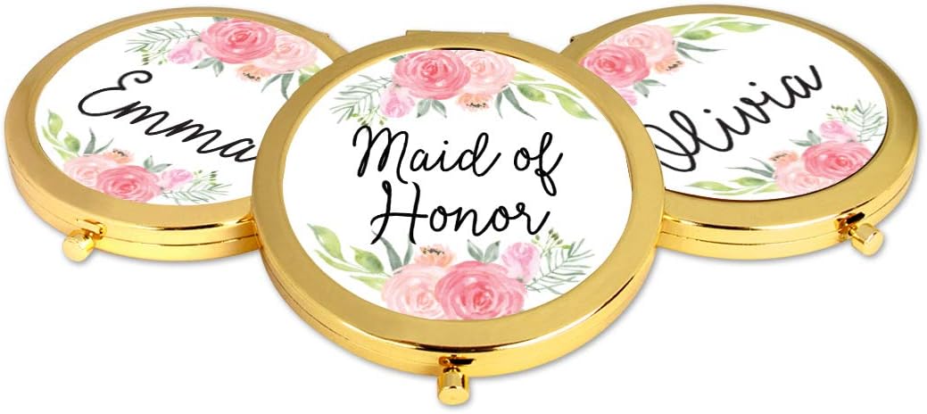 Andaz Press Compact Mirror Maid of Honor Wedding Gift, Gold, Peach and Pink Roses, 1-Pack, Bachelorette Bridal Shower Wedding Party Gifts