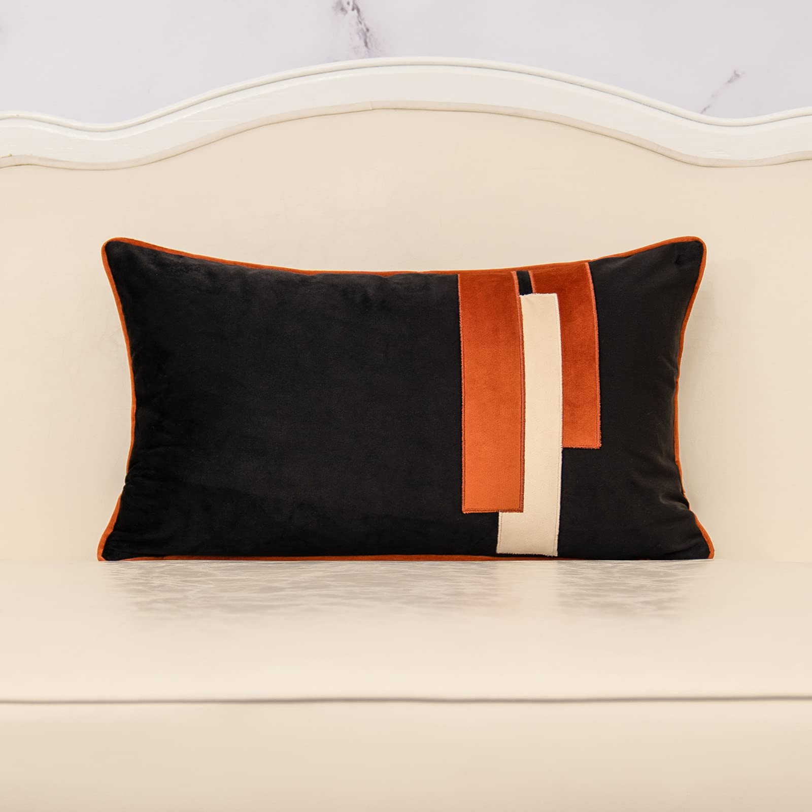 Yangest Black Decorative Velvet Lumbar Throw Pillow Cover Striped Patchwork Cushion Case Modern 12x20 Inch Pillowcase for Sofa Couch Bedroom Living Room Home Decor