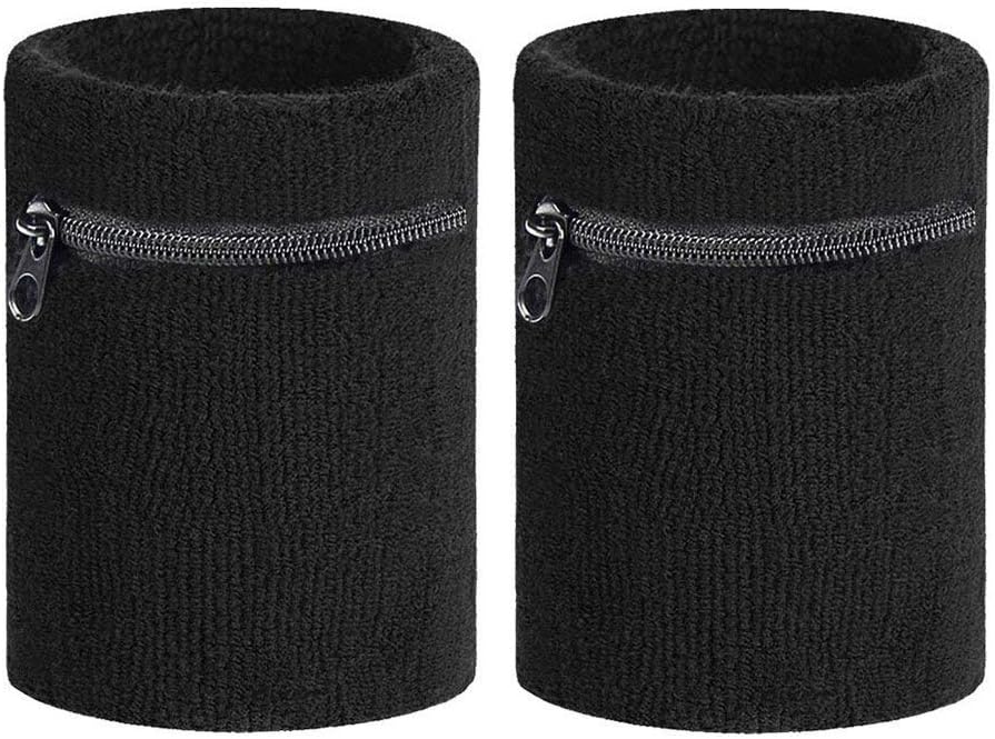 2pcs Thick Sport Wristband with Zipper/Wrist Wallet Sweatband Wrist Support for Men & Women Gym,Running,Walking,Basketball,Tennis,Hiking,Travel (Black)