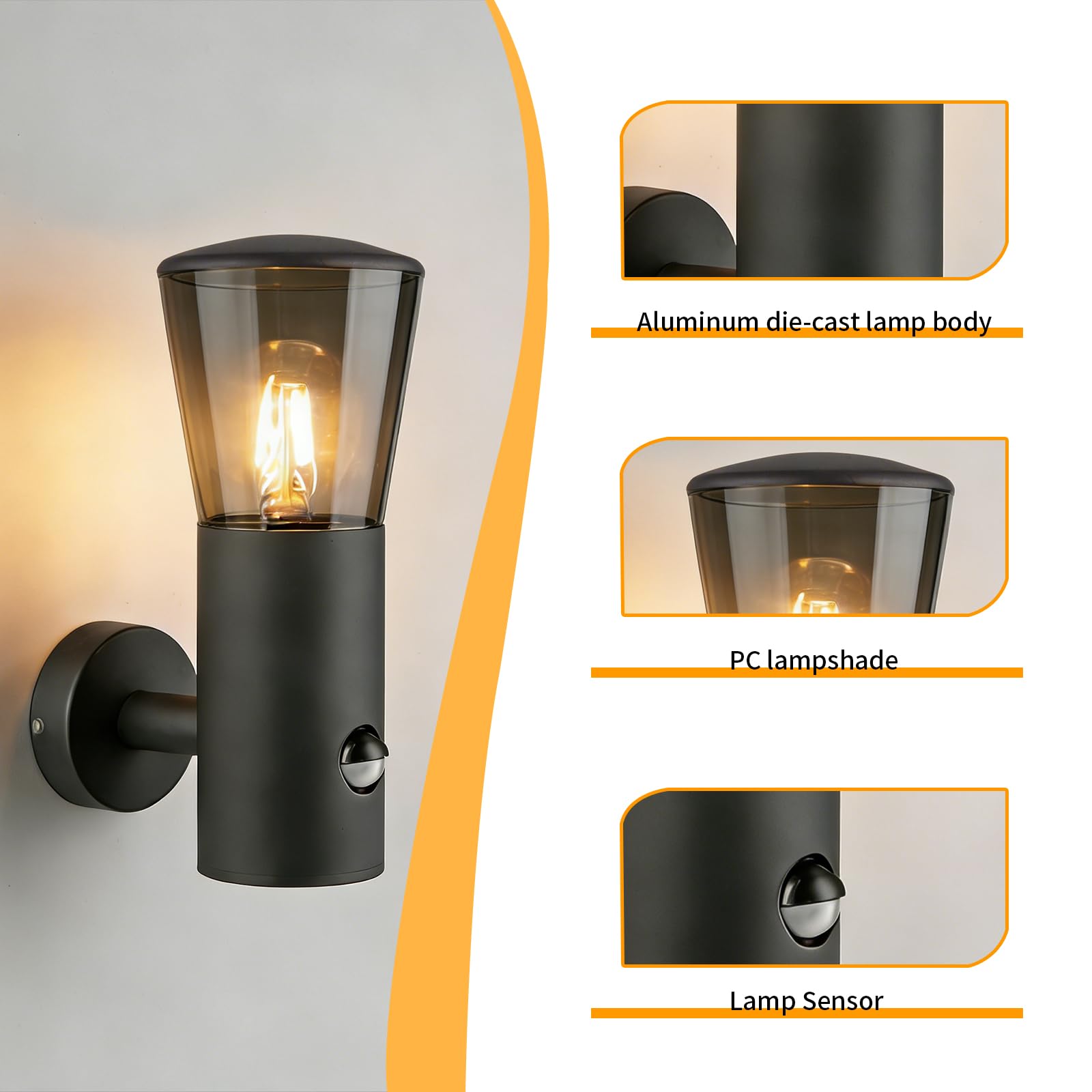 2 Stück Bewegungsmelder Außenwandleuchten rauchgrau, Wasserdicht Wandlampe mit E27 Sockel ohne Leuchtmittel, Außenbeleuchtung für Eingang, Garage, Hof, Terrasse und Garten | Bewegungssensor