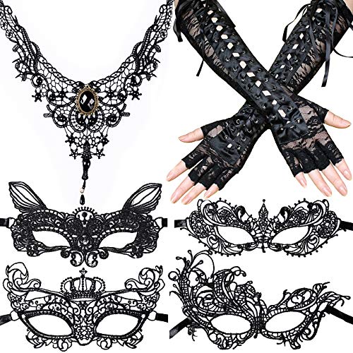 6 stuks kanten kostuums, masker, halsketting, handschoenen, decoratieve accessoires voor cosplay, Halloween, carnaval, party, themafeest