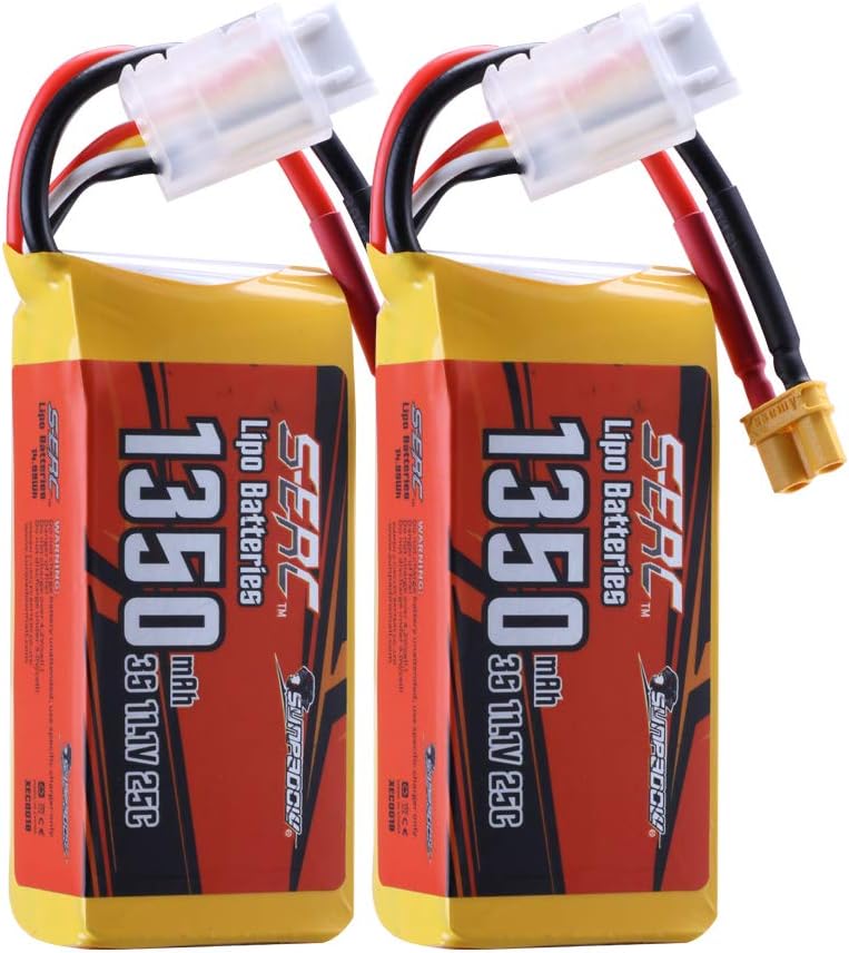 SUNPADOW 11.1V 3S RC Lipo Battery 25C 1350mAh Rechargeable with XT30 Connector for RC Airplane Receiver Aircraft Quadcopter Helicopter Drone FPV (2 Count)