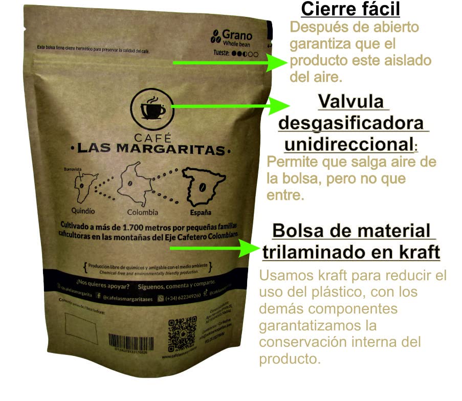 Café TOSTADO GRANO |100% arábico "Las Margaritas" ® Origen finca COLOMBIA, cultivado a más de 1400 mts | Especialidad, 84pts SCA | notas chocolate y caramelo | 250gr - Imagen 3