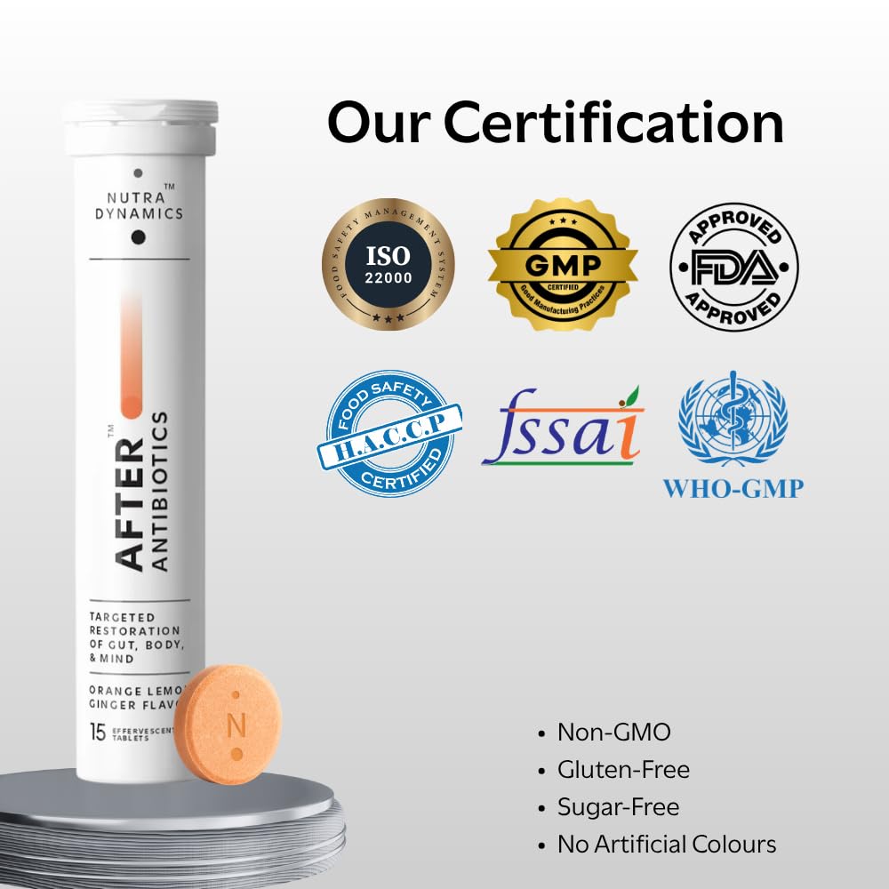 AFTER ANTIBIOTICS | Post-Antibiotic Support for Gut, Body & Mind | LGG®, KSM-66® Ashwagandha, L-Glutamine & Probiotics | Orange Lemon Ginger | Sugar Free | Gluten Free | 15 Effervescent Tablets — Amazon image 5