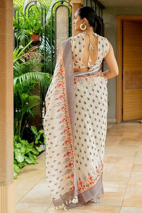 Image of RAJESHWAR FASHION WITH RF Soft Linan Cotton Summer collection rose digital print Traditional look saree beige