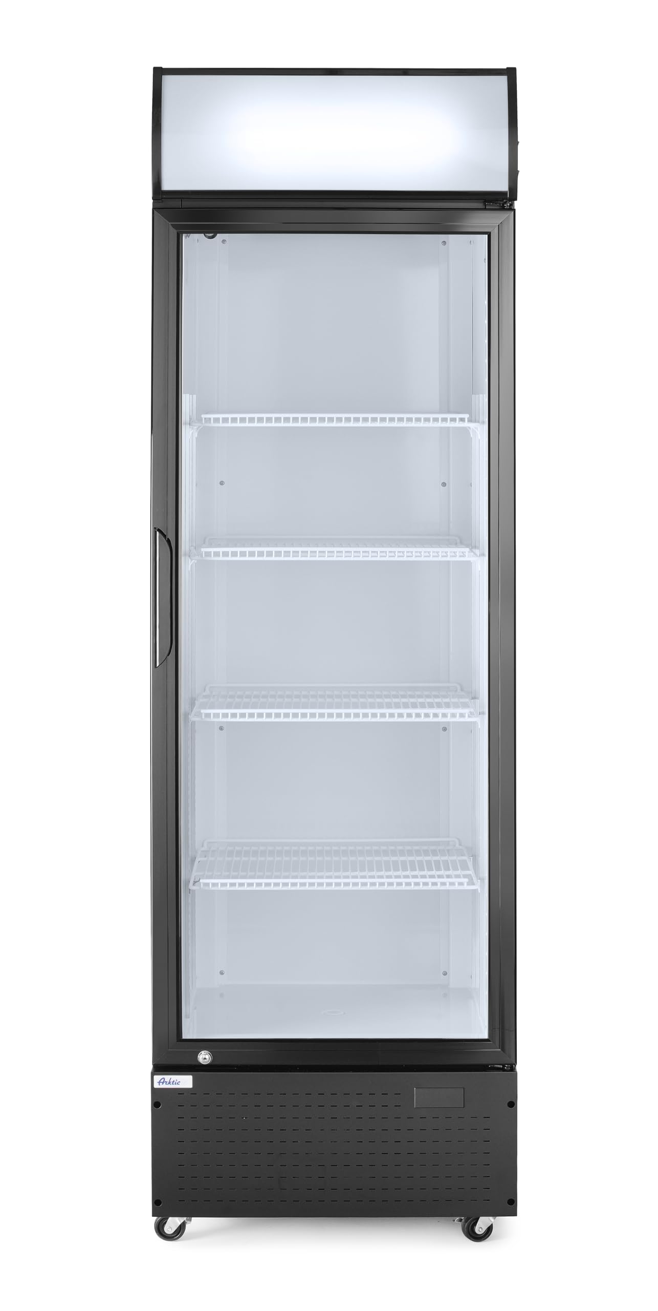 HENDI Frigorifero pubblicitario Arktic per bevande, armadio refrigerato verticale con pannello retroilluminato, 1 porta, 254L, 0–10°C, 220V, 250W, 578x605x(H)1980mm, acciaio verniciato a polvere nero