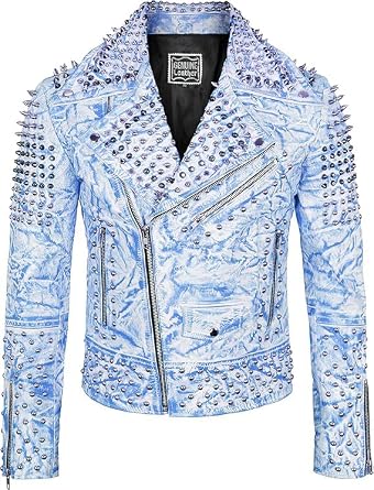 Mens Spiked Biker Jacket in Multicolor Cowhide Leather with Punk Rock Vibes