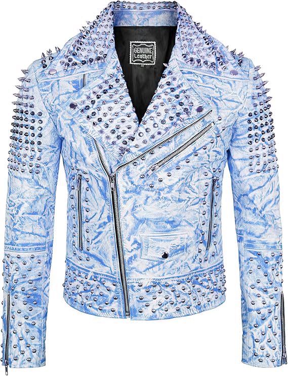 III-Fashions Motorcycle Jacket with Studs & Spikes - Blue Leather Punk Jacket for Men