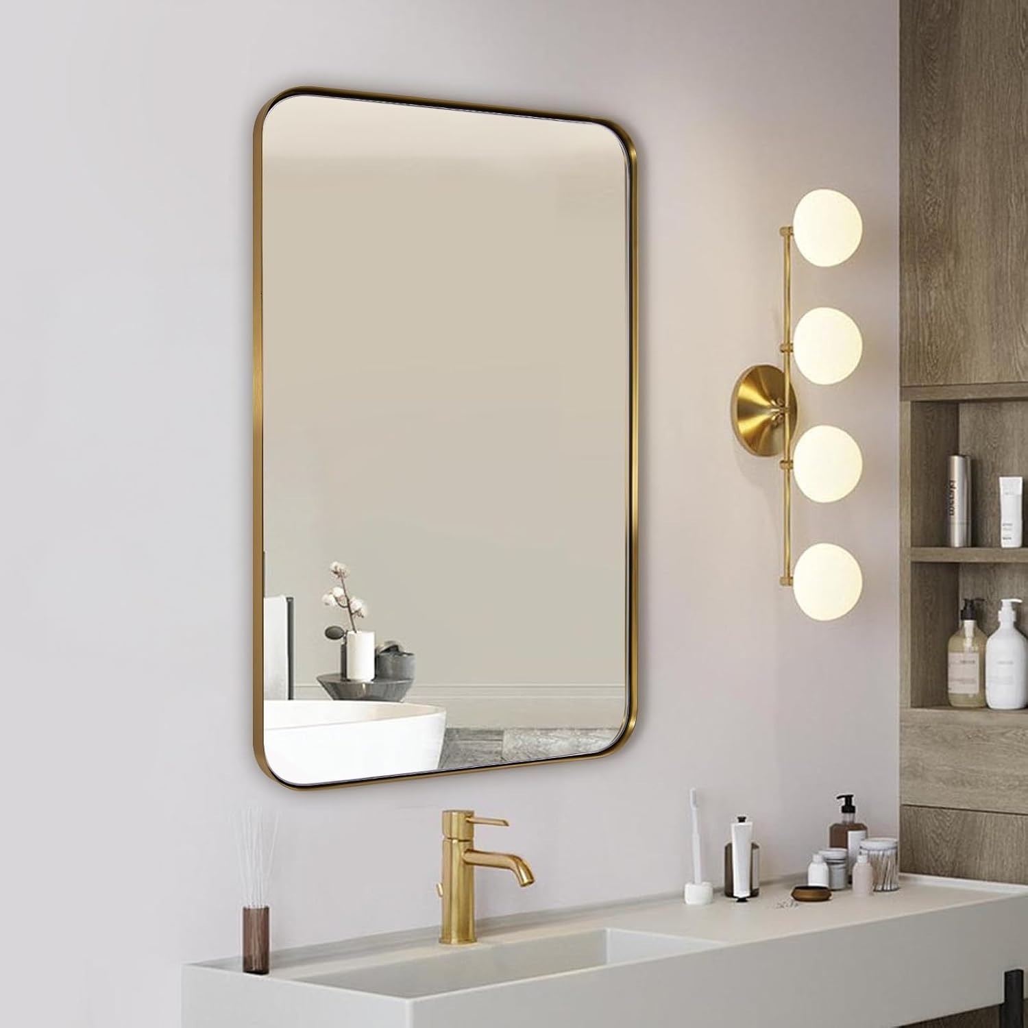 ANDY STAR Gold Bathroom Mirror for Wall, 20x28” Brushed Brass Metal Rounded Corner Rectangle Mirror, Wall Mirror in Stainless Steel Metal Frame, 1" Deep Set Design Hangs Horizontal Or Vertical 20" x 28" Gold