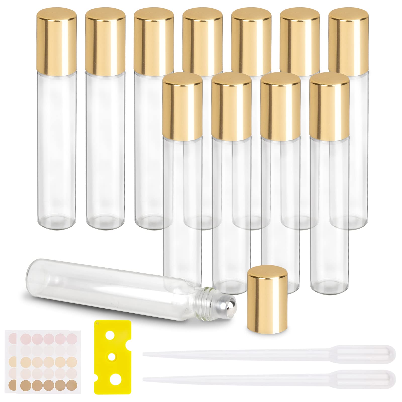 HMIEPRS 12PCS Essential Oil Roller Bottle Refillable Empty Glass Bottle with Stainless Steel Rollerball, the Refillable Glass Set Includes 1PC Opener