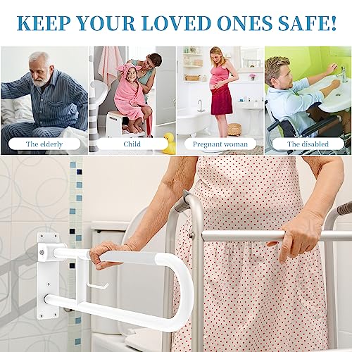 Image of U Shaped Toilet Grab Bar 32 Inch, Munzong White Anti-Slip Support Rail, Flip-Up Bathroom Grab Bar with Paper Holder, Stainless Steel Knurled Handicap Safety handrails for Elderly Disabled Pregnant
