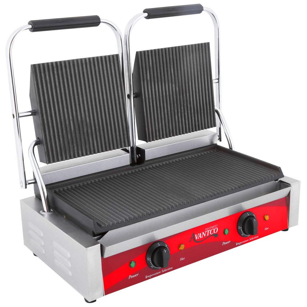TableTop King P84 Double Commercial Panini Sandwich Grill with Grooved Plates - 18 3/16