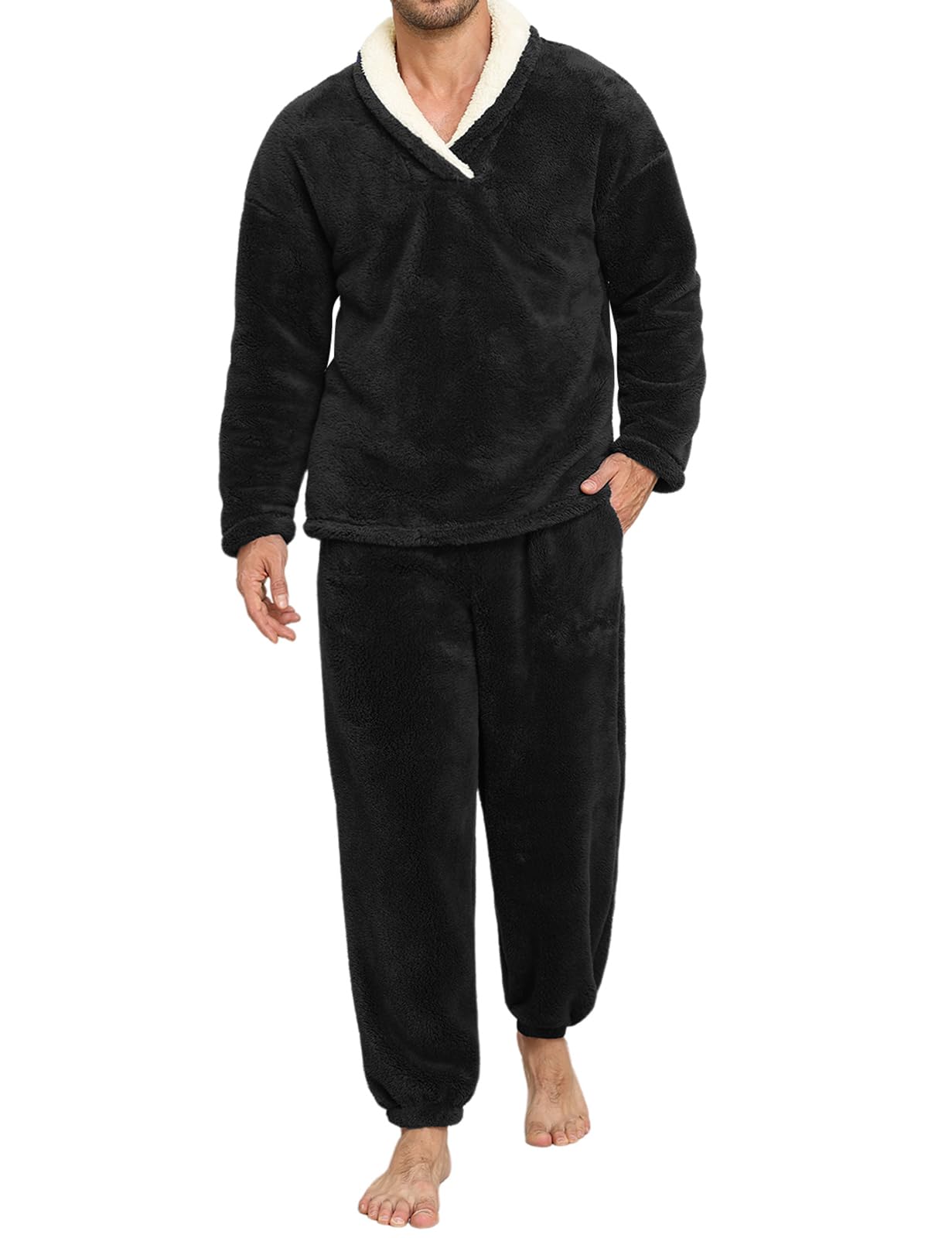 Voqeen Pyjama Homme Hiver en Duvet d'oie 2 Pieces Pijamas Homme Pyjama à Manches Longues en Laine Polaire Douce et Chaude pour La Maison