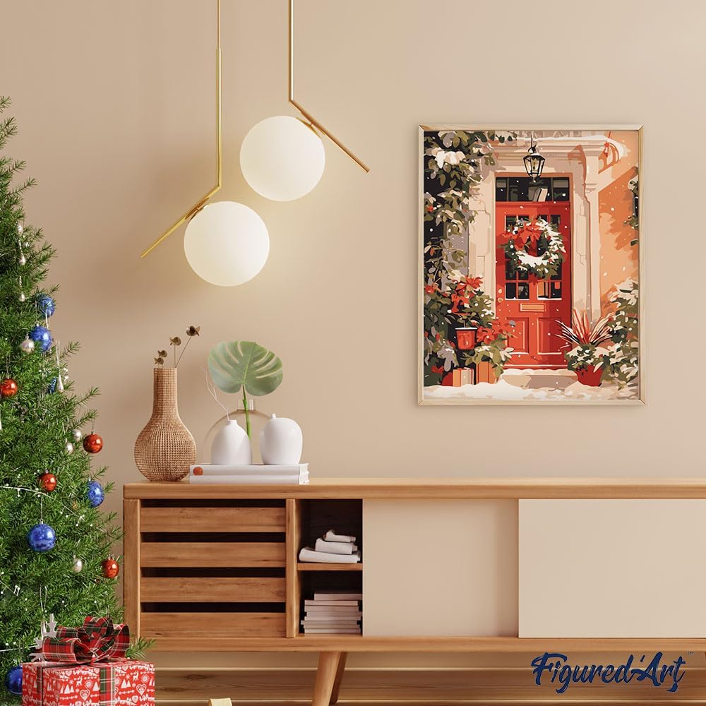 Figured'Art Paint by Numbers for Adults Festive Red Door 16x20in - Craft Art Painting DIY Kit Rolled Canvas Without Frame