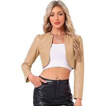 Allegra K Faux Leather Jacket for Women Open Front Long Sleeve PU Cropped