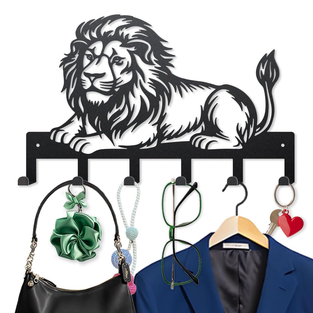 MAYJOYDIY Male Lion Key Holder Wall Mount 40×25cm Savannah King Metal Towel Hook Coat Hanger with 6 Hooks Black Animal Wall Decorative Key Rack for Entryway Hallway Kitchen Office