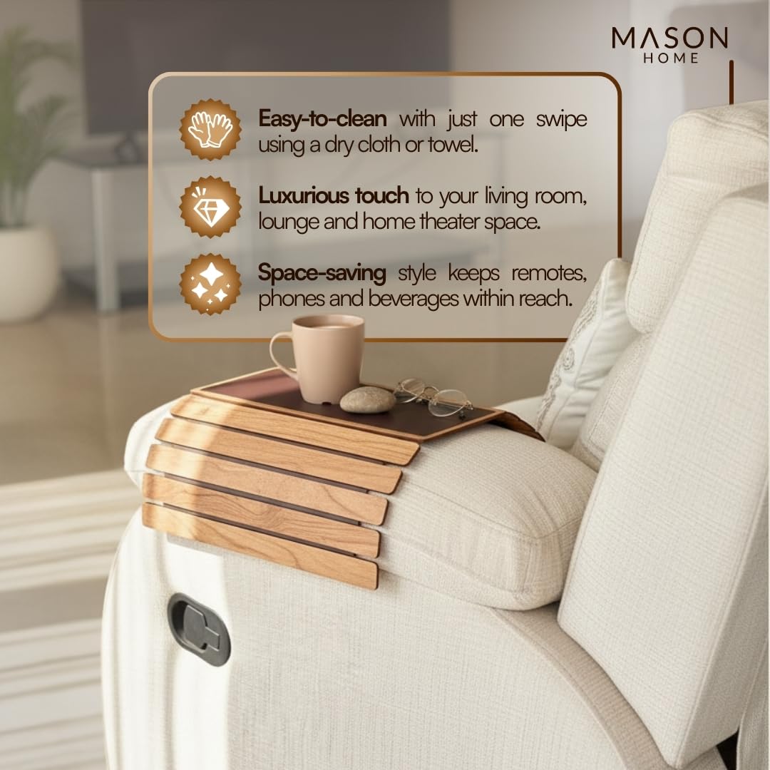 MASON HOME Sofa Rectangular Armrest Tray - Light Brown Full Grain Bamboo Wood with Anti Slip Pad | Dining Tray | Home & Office Décor | Furniture | Serving Platter for Drinks - Appetizer - Snack Bowls 4