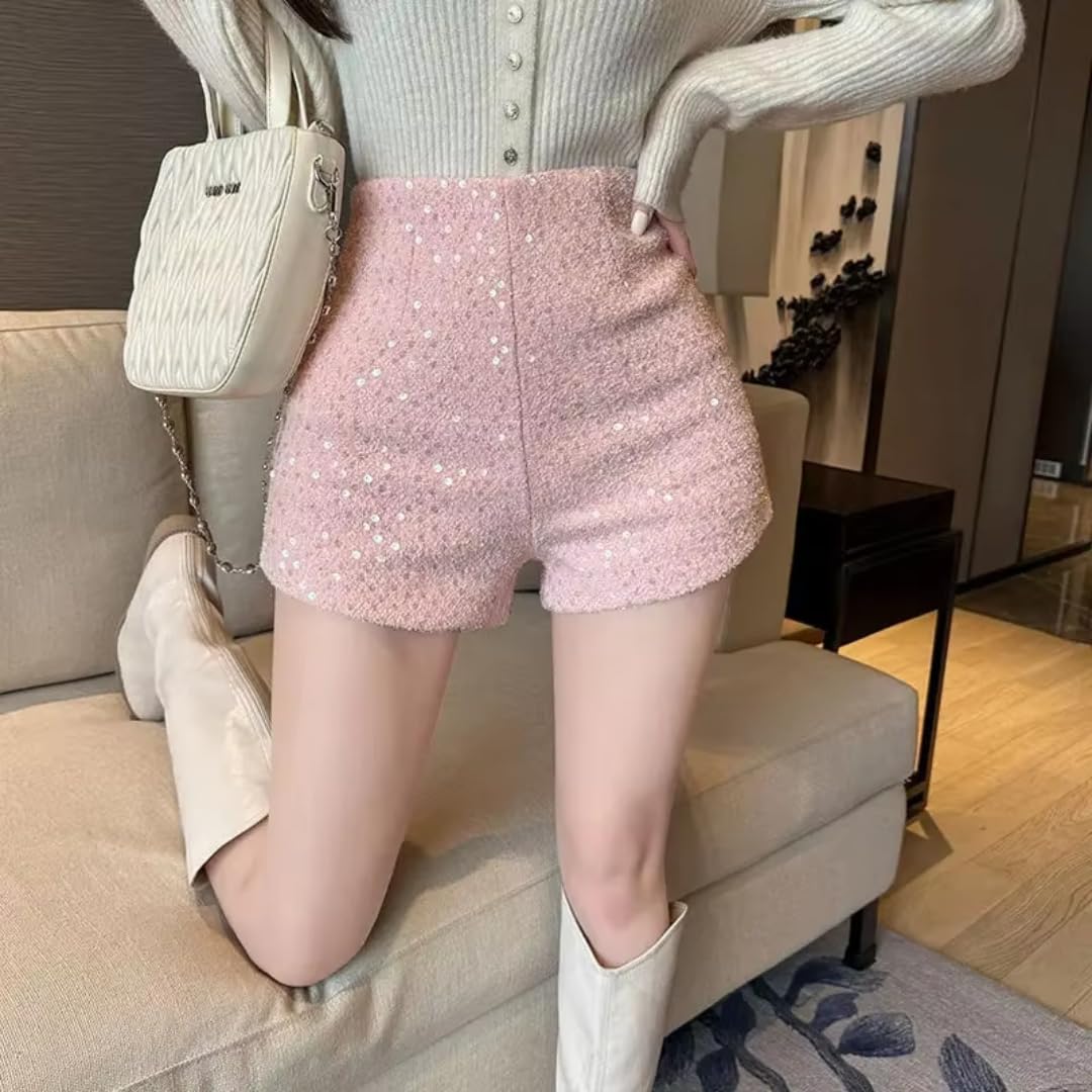 Short Jogging Femme Pantalon De Chaleur Taille Haute A-Line Shorts À Jambes Larges À Paillettes pour Femmes