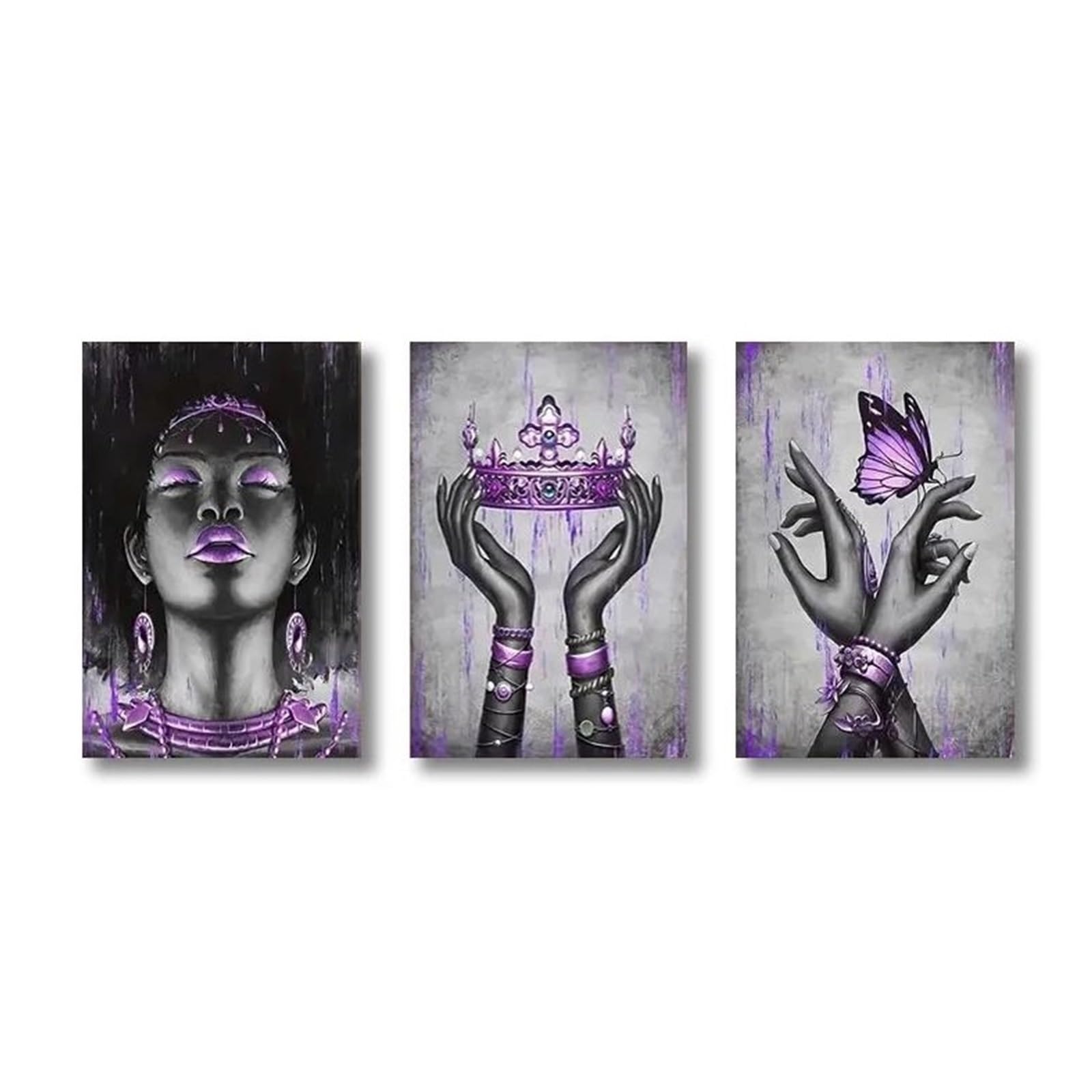 Toile murale femme noire et papillon violet : tableau décoration moderne Giclée 45x60cm