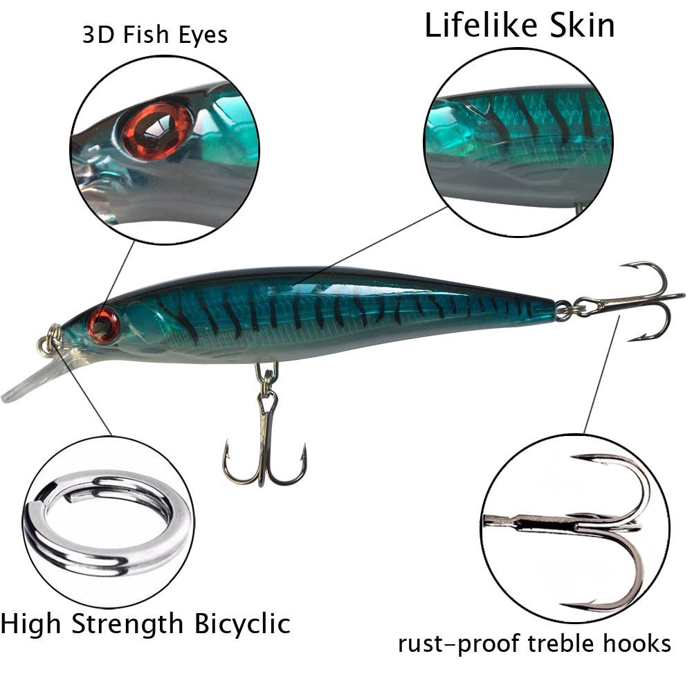 Fishing Lures Set Minnow Hard Baits VIB Lure with Treble Hook Life-Like Swimbait 3D Fishing Eyes Bass Bait for Bass Trout Walleye Redfish
