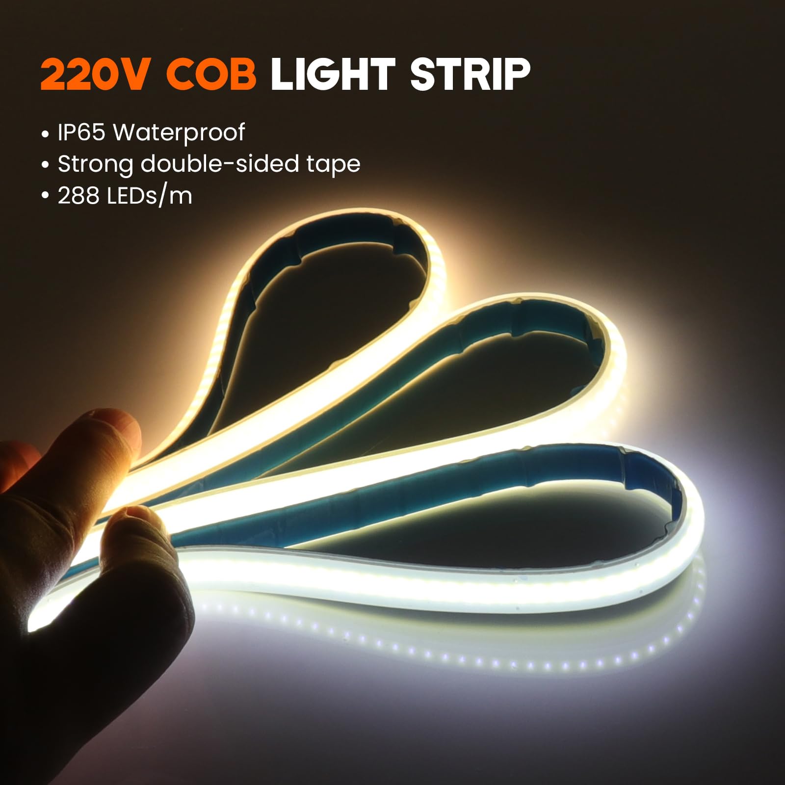 KISUFU 220 V COB Striscia LED, IP65 impermeabile flessibile LED striscia luminosa, 288 LEDs/m colla double face light strip per Natale, festa, camera, cucina, decorazione, bianco, 10 m