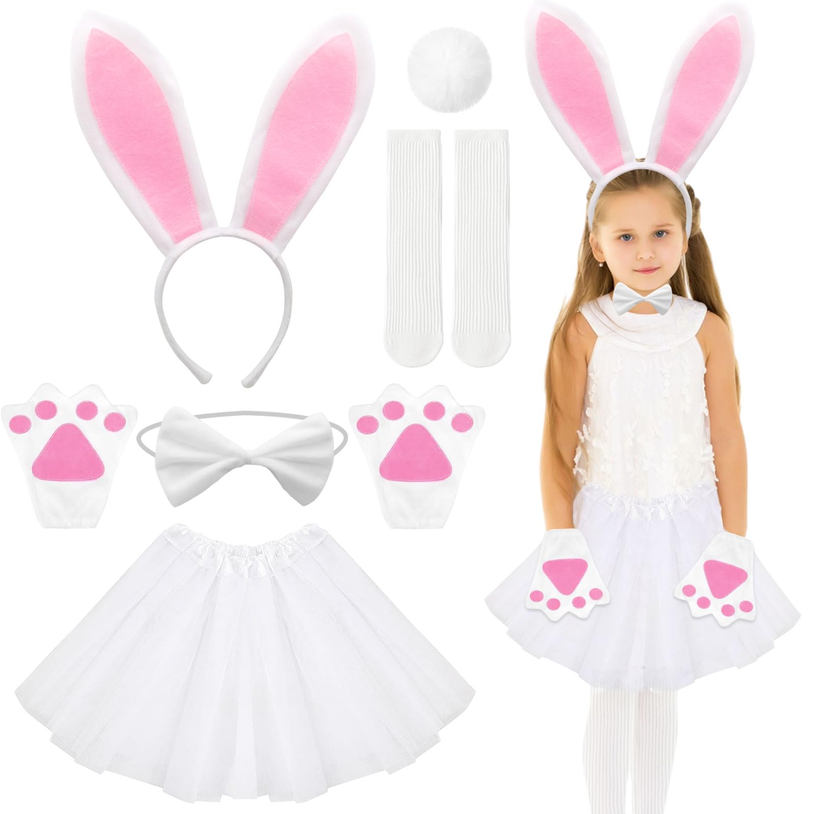 6 Pcs Bunny Costume Set for Girls, Bunny Accessory Set Easter Rabbit Cosplay with Rabbit Ears Headband Tail Bow Tie Tutu Skirt Gloves Socks Bunny Fancy Dress Outfit for Kid Easter World Book Day Party