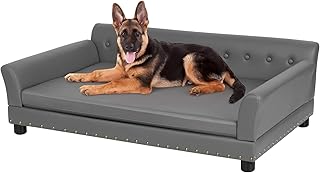 BingoPaw Luxury Dog Sofa for Large Dogs: XXL Dog Couch Made of Breathable Waterproof Leather, Mordern Pet Sofa with Backrest, Orthopaedic Dog Cushion and Wooden Legs, Grey, 120 x 74 x 40 cm product image