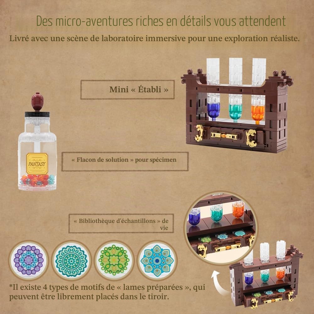 PANTASY Kit de construction de microscope rétro pour adultes, modèle d'instrument scientifique antique avec design mécanique, finition en laiton et accessoires de laboratoire, ensemble de briques de