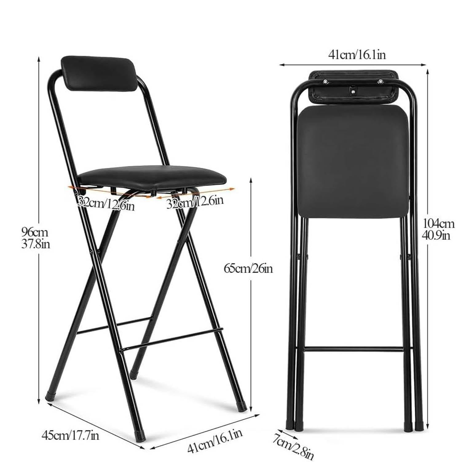 Silla de taburete plegable acolchado asiento 26in, 65cm taburete plegable de barra con respaldo y reposapiés, 65cm negro plegable marco de metal cocina silla alta para cafetería, bistro,Black