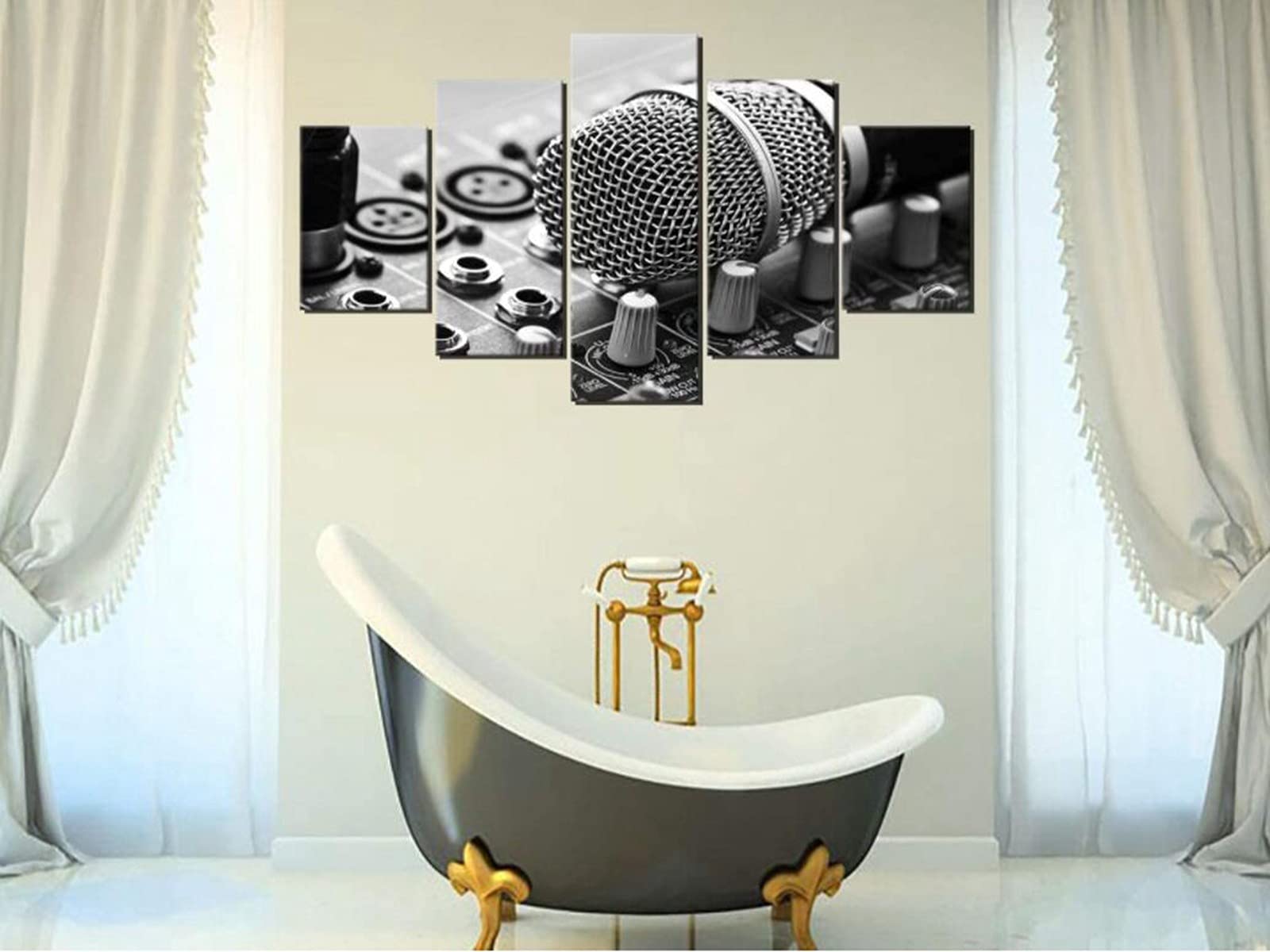 Quadro su Tela,Immagini Musicali per Soggiorno Arredamento Camera da Letto Microfono DJ Rock Band Stampa 5 Pannelli Poster HD Pittura con Cornice Pronta da Appendere Framed,S