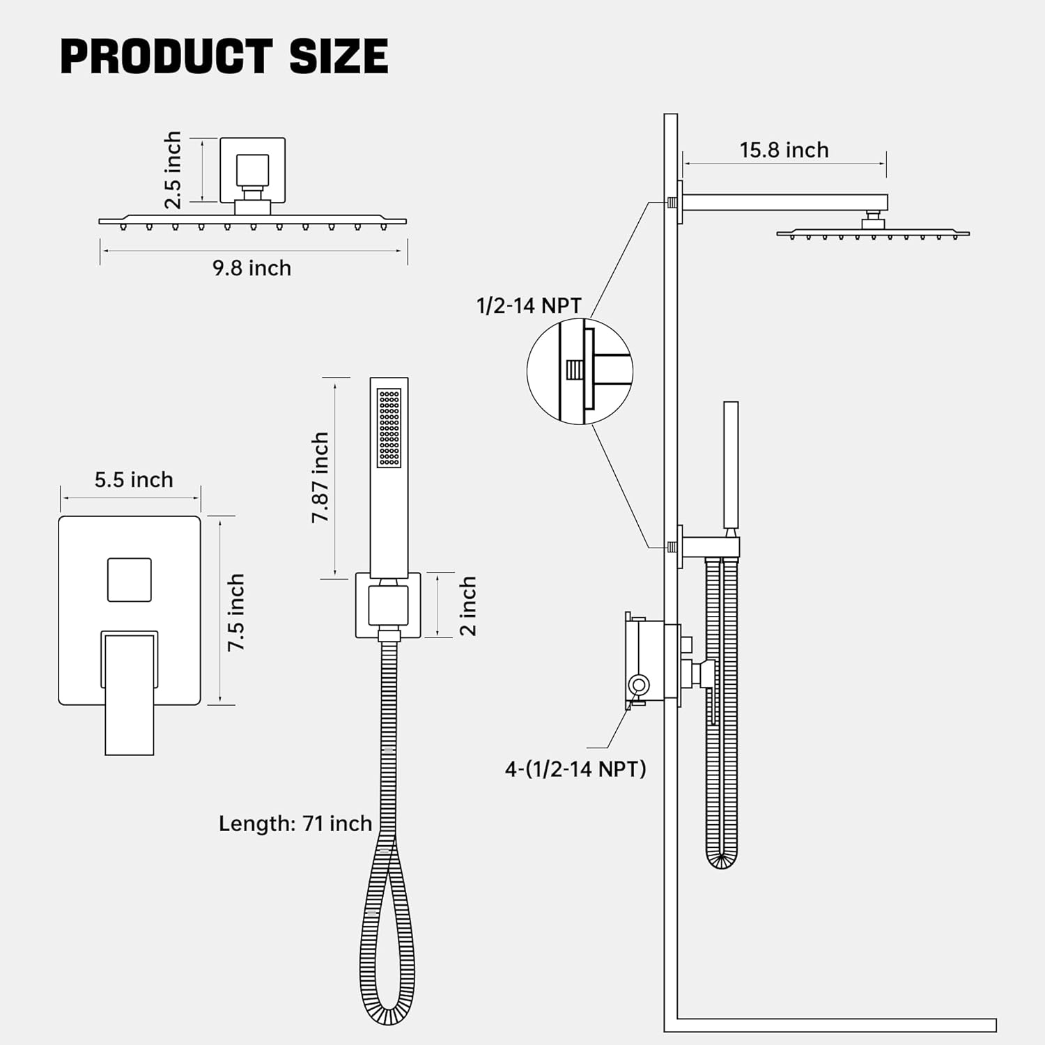 Square Rainfall Shower Head and Handle Set, 10 inch Wall Mounted Bathroom Shower Fixtures, Brushed Nickel Metal Mixer Shower Faucet with Handheld Spray (With Pressure Balanced Shower Valve)