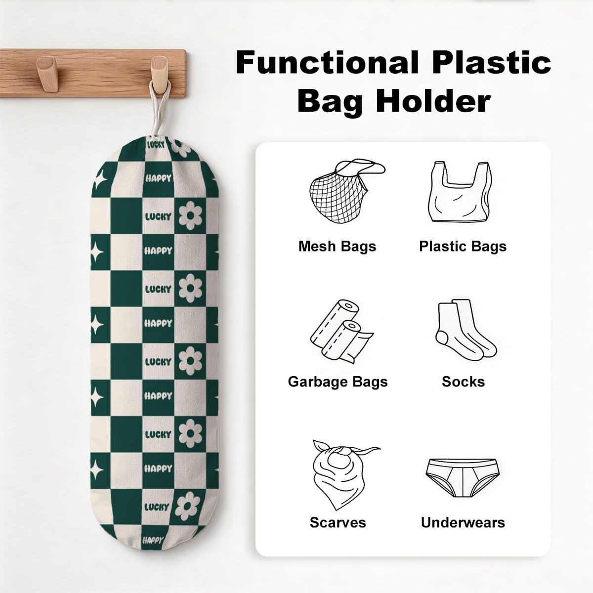 Dark Green Plaid Plastic Bag Holder, Wall Mount Grocery Bags Organizer image 4