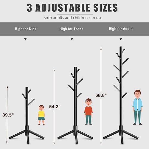 Miniatura 7 de Azaeahom Perchero independiente con 8 ganchos, 3 percheros de altura ajustable, soporte para colgar ropa, árbol de madera fácil de montar para