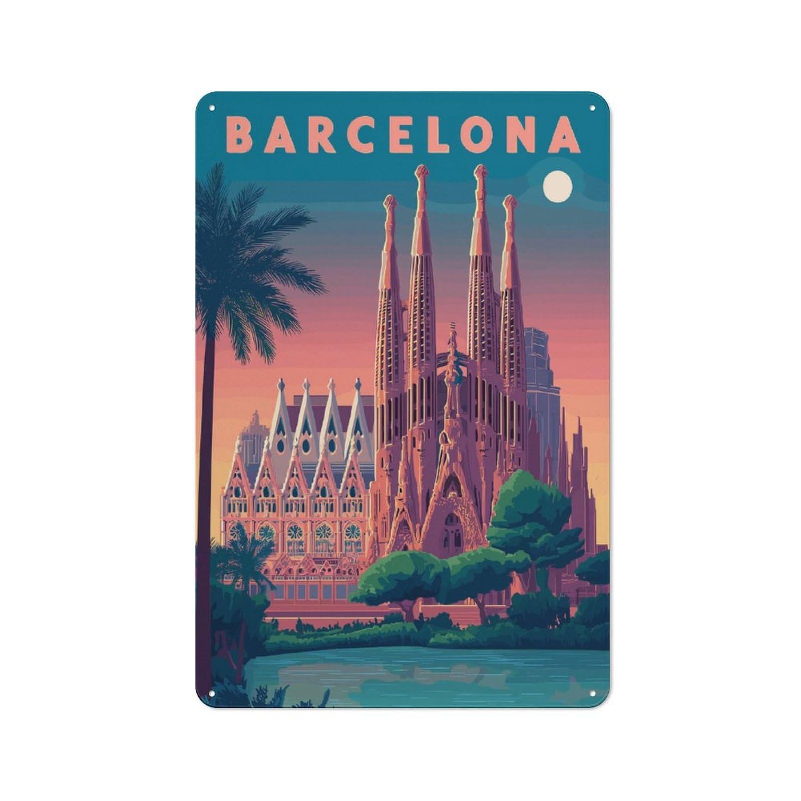 Junmoney Style-12 Barcelona Sagrada Familia Travel Vintage Metal Sign 30X20cm, Shop Front Style Cafe Wall Decor For Takeaway, Bar, Kitchen Or Counter Area
