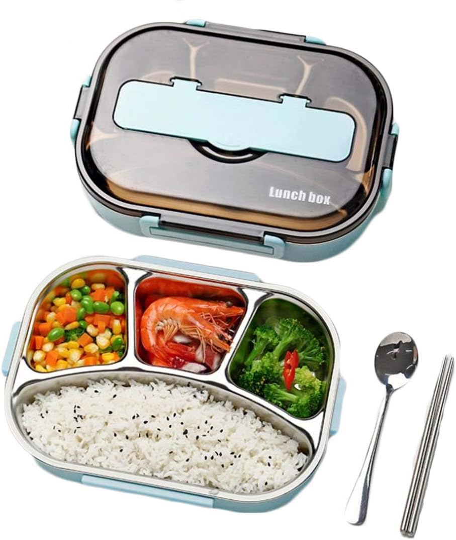 フッカツ お弁当箱 ランチボック ステンレス 大容量 1000ml 漏れ防止 分格 会社 学校 子ども用 ピクニック 食器付き 薄型 かわいい ブルー F 9周年記念イベントが