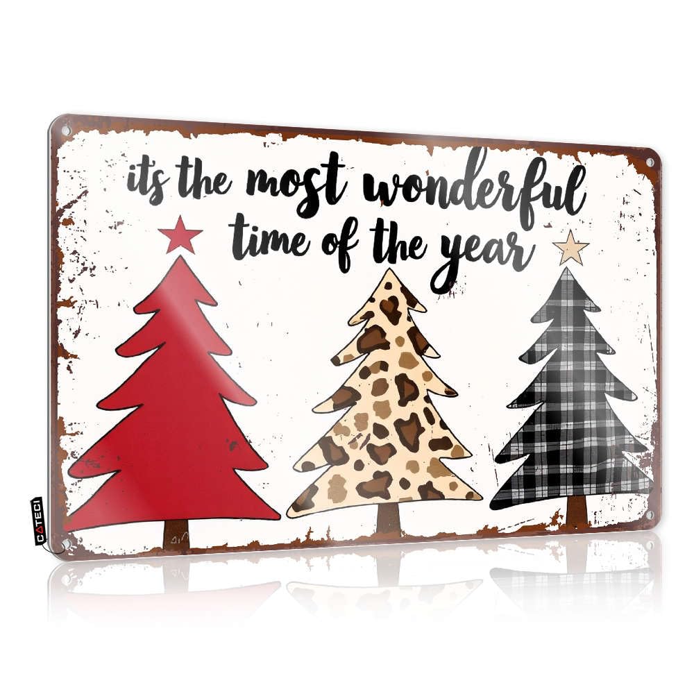 Sujd Colour Spooky Sweet Decor Tin Plate Sign Metal Western Wall : Halloween Decoration Caution Country For The Home | Red, Leopard, Plaid Trees With 'It's Most Wonderful Time Of Year'.