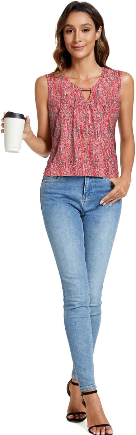 SUNNEGOO Womens Summer Tank Tops Sleeveless Cute Loose Fit Dressy Casual Flowy Blouses Printed Pleated Shirt Trendy Tunic - Image 3