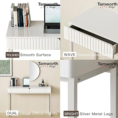 Miniatura 9 de Escritorio de tocador blanco con 2 cajones, escritorio plateado y blanco, escritorio de oficina en casa, mesa de tocador de maquillaje moderna con