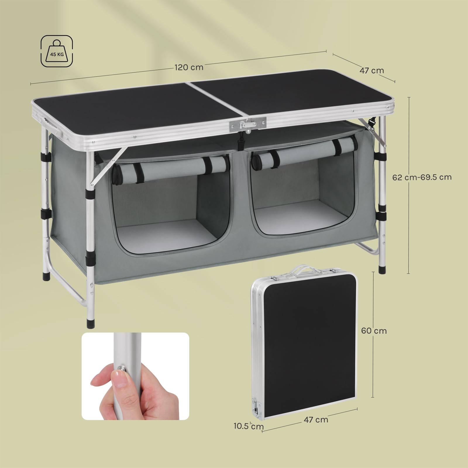 WOLTU Tavolo da Picnic Pieghevole, Mobile Cucina da Campeggio, Esterno, in MDF e alluminio con 2 Scomparti Regolabili in Altezza, 120 x 47 x 62/69.5 cm