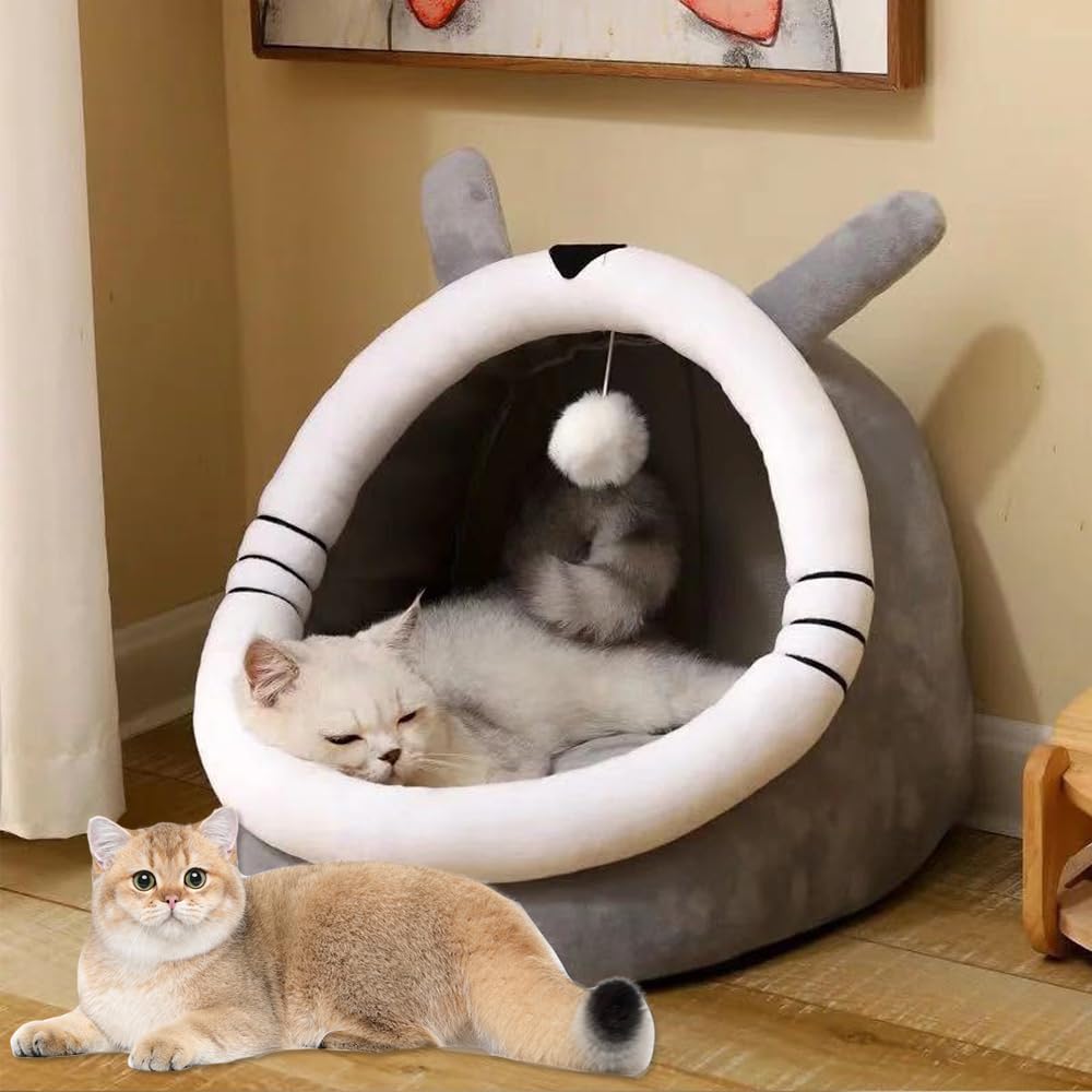 سرير شبه مغلق بتصميم كهف قابل للحمل مع كرة مخملية وقاعدة مانعة للانزلاق قابل للغسيل للاستخدام الداخلي للحيوانات الأليفة والكلاب الصغيرة والقطط متوسطة الحجم (لون أخضر، مقاس متوسط)