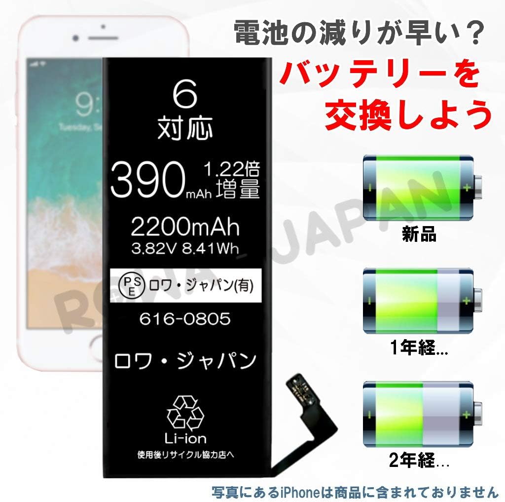 Amazon 国内向け ロワ社名pseマーク付 Iphone 6 互換 バッテリー 1 22倍大容量 Pdf日本語説明書と工具セット付 20mah バッテリー 通販