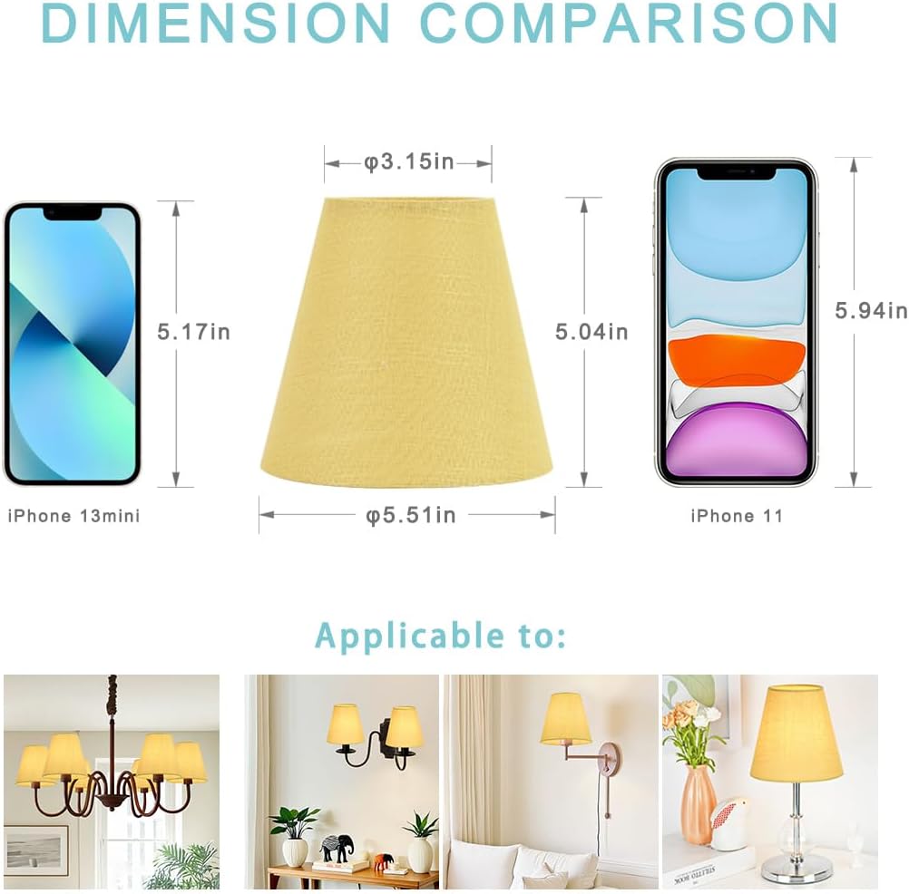 LAMPWELL RICO Yellow Clip on Chandelier Lamp Shades Set of 6,Small Lamp Shades Clip on bulb,φ5.51"×φ3.15"×H5.04",Mini Linen Barrel Lamp Shade,FOR CANDLE BULB AND SMALL GENERAL BULB