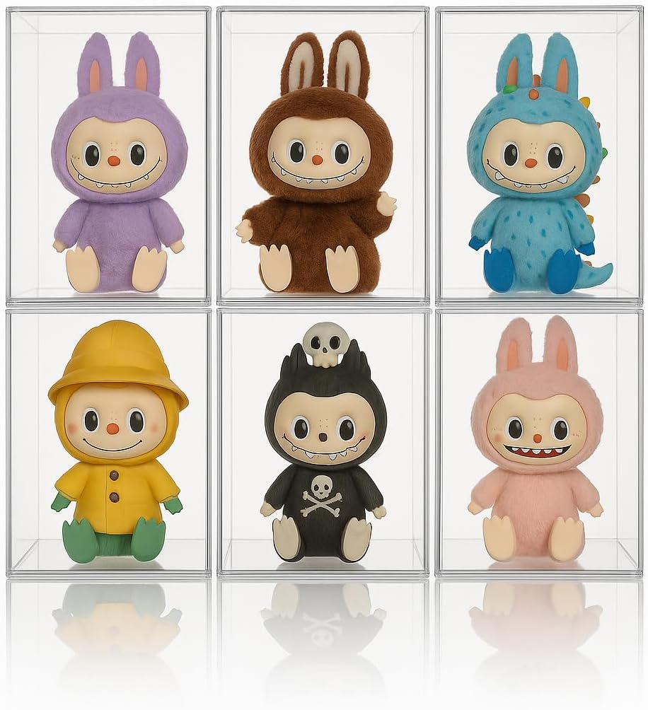 Vandue Premium Magnetic Protective Hard Case Compatible with Labubu® Dolls and Keychains – 6.7"x5"x4" Clear Acrylic Stackable Display Box w/ Beveled Lid (6)