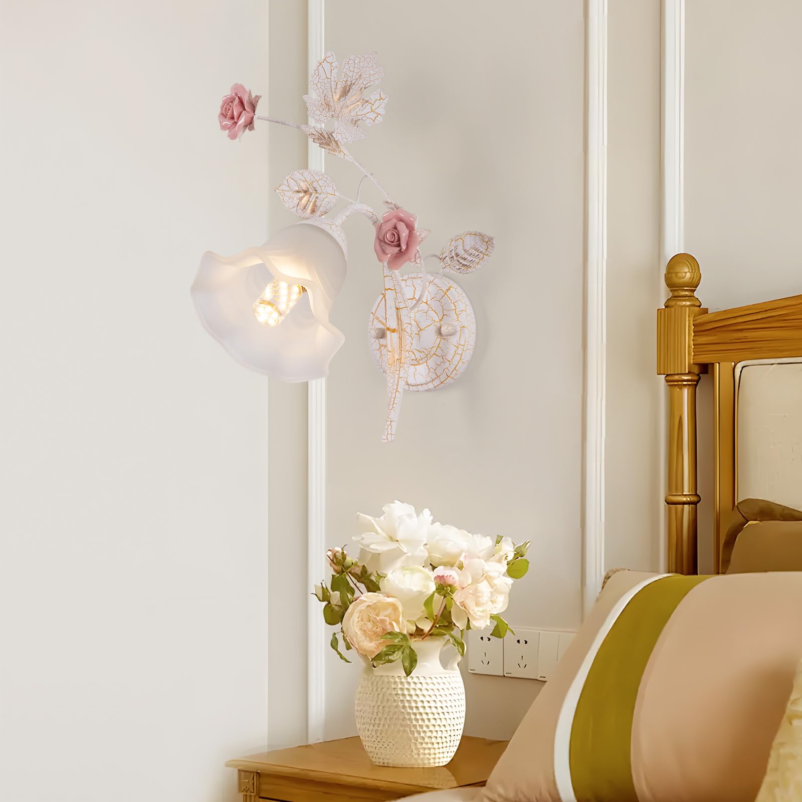 Blumen Wandlampe Innen Vintage,Weiße-Goldene Metal Base Deco Wandleuchte,Flower Lamp mit Glas-Lampenschirm Wall Sconces,Rosa Keramik Lampe Blume Wandleuchte füR Flur,Küche,Esszimmer,1Köpf.