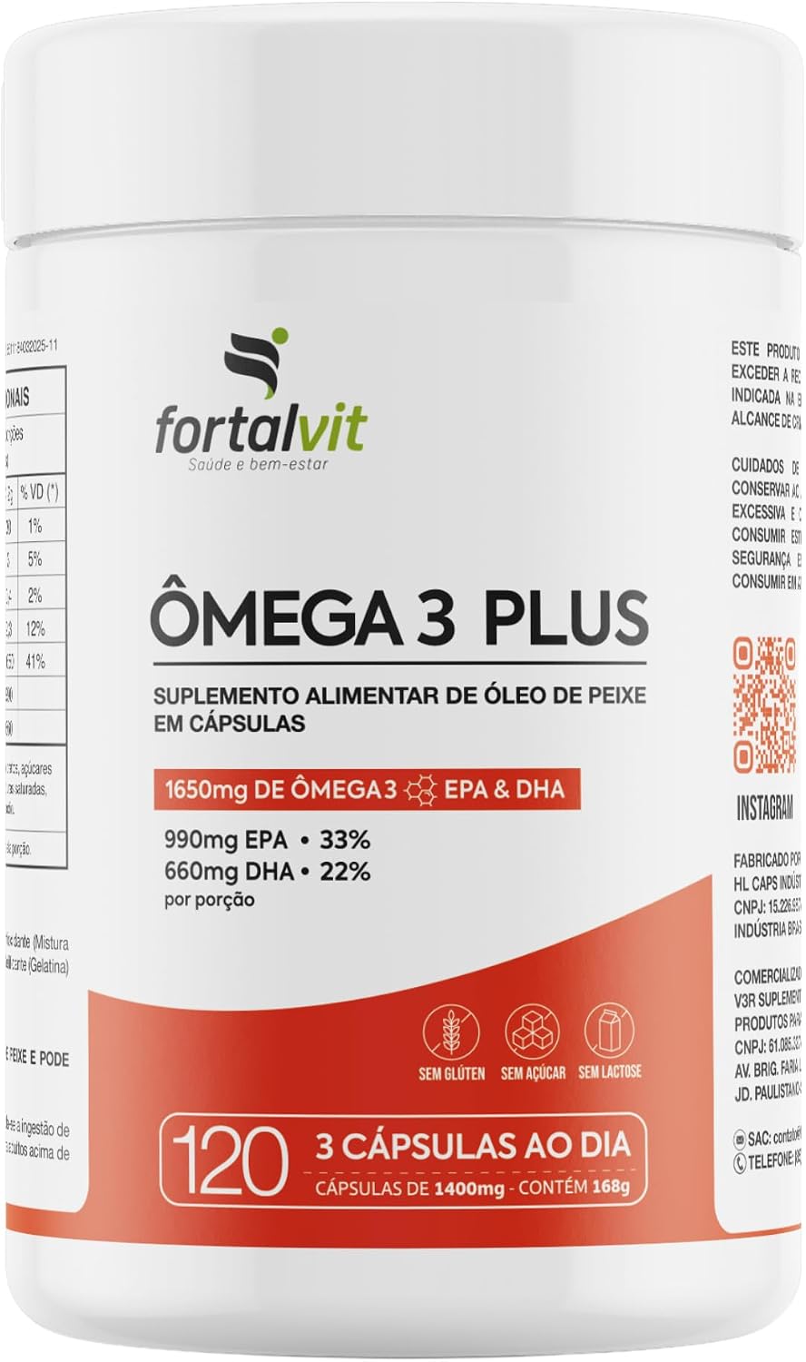 Ômega 3 Plus 1650mg – Alta Concentração 990mg EPA / 660mg DHA (33/22) – Proteção Antioxidante com Vitamina E, 120 Cápsulas, Fortalvit
