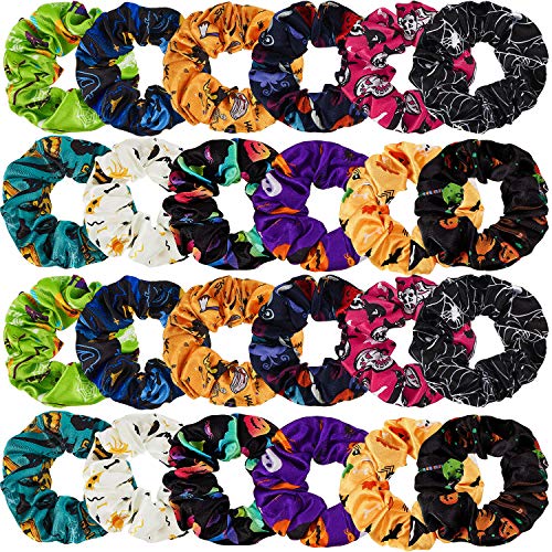 24 Pieces Halloween Scrunchie Pumpkin Scrunchie Ghosts Scrunchie Hair Scrunchies Elastics Hair Bands for Halloween Decoration Women Girls Hair Accessories, 12 Colors (3.94 Inch)